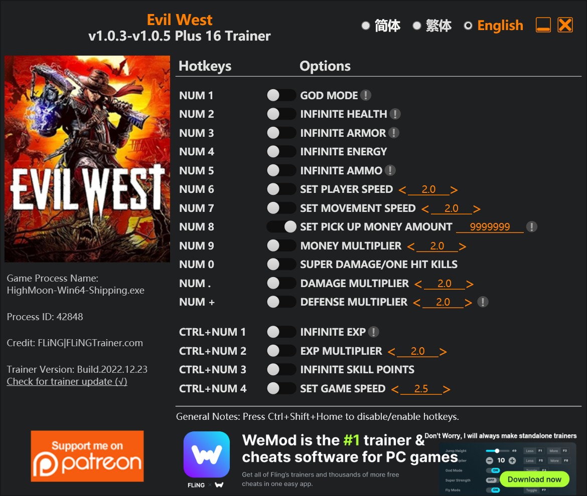 скачать Evil West: +16 трейнер v1.0.3-v1.0.5 {FLiNG}
