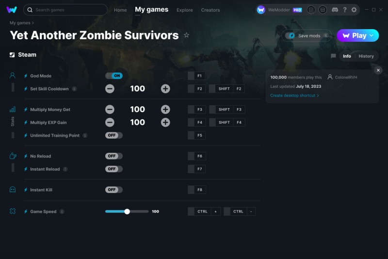 скачать Yet Another Zombie Survivors: +9 трейнер v18.07.2023 {ColonelRVH / WeMod}